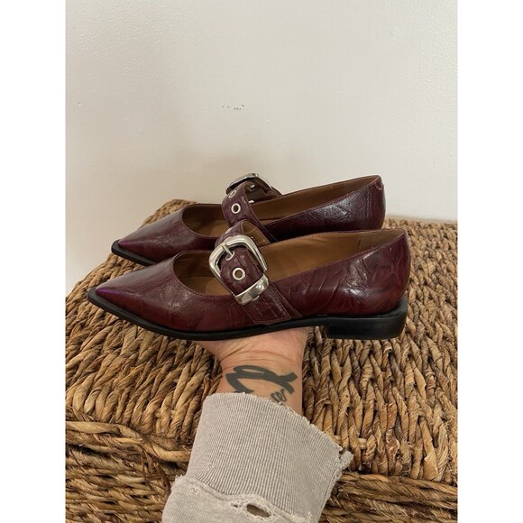 Anthropologie Maeve Pointed Toe Moto Mary Jane Flats Bordeaux Wine 37/6.5-7 NWOB - Picture 3 of 11